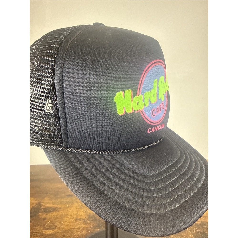 Vintage 1980s Hard Rock Cafe Cancun Foam Trucker Hat Neon Puff Print Corded NEW - Picture 2 of 7